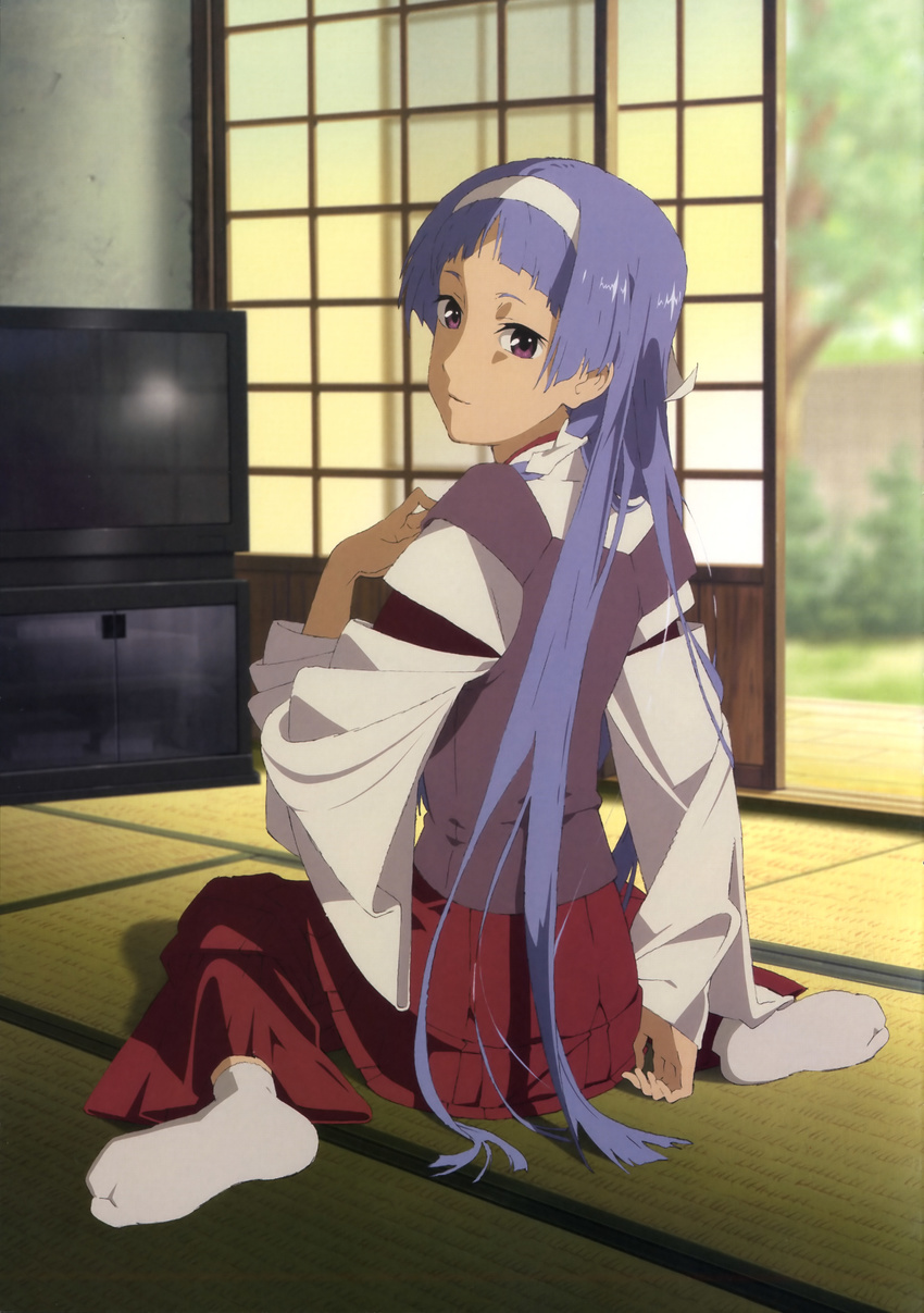 absurdres artist_request bangs blue_hair blunt_bangs from_behind highres japanese_clothes kannagi long_hair looking_back nagi official_art purple_eyes shouji sliding_doors solo tabi tatami television tree very_long_hair