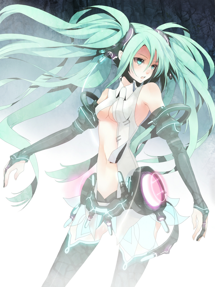 aqua_eyes aqua_hair bare_shoulders bridal_gauntlets center_opening detached_sleeves hatsune_miku hatsune_miku_(append) highres long_hair navel neon_trim plastick solo twintails vocaloid vocaloid_append