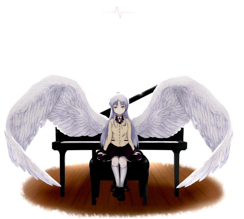 angel_beats! bad_id bad_pixiv_id blazer bowed_wings grand_piano highres instrument jacket kneehighs large_wings piano piano_bench school_uniform silver_hair sitting skirt socks solo tenshi_(angel_beats!) tommy_(lonely_hammy) wings yellow_eyes