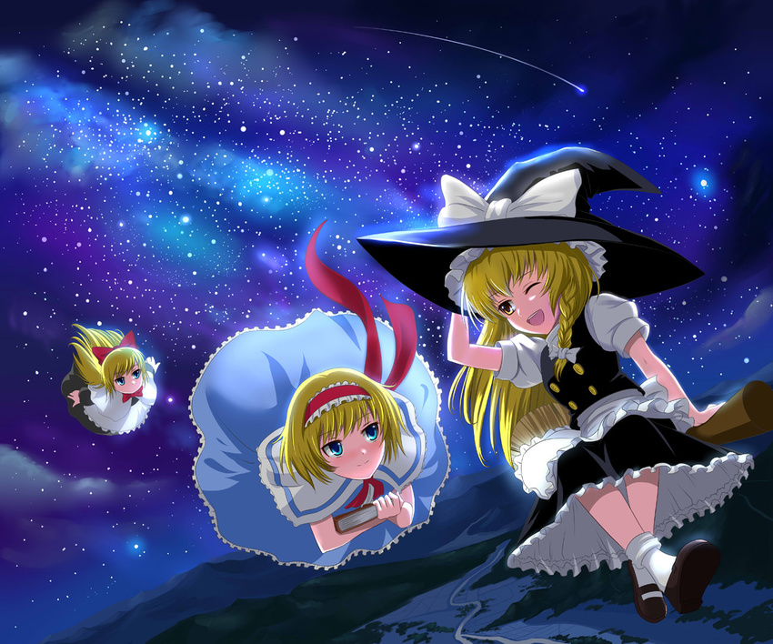 alice_margatroid blonde_hair blue_eyes braid broom doll hairband hat kirisame_marisa multiple_girls ribbon shanghai_doll short_hair touhou windtalker witch_hat yellow_eyes