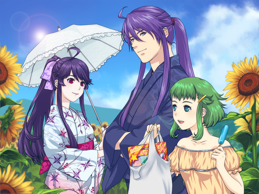 2girls bad_id bad_pixiv_id bag blue_eyes flower gakuko genderswap genderswap_(mtf) green_hair gumi japanese_clothes kamui_gakupo kimono long_hair multiple_girls ohse ponytail red_eyes sunflower umbrella vocaloid