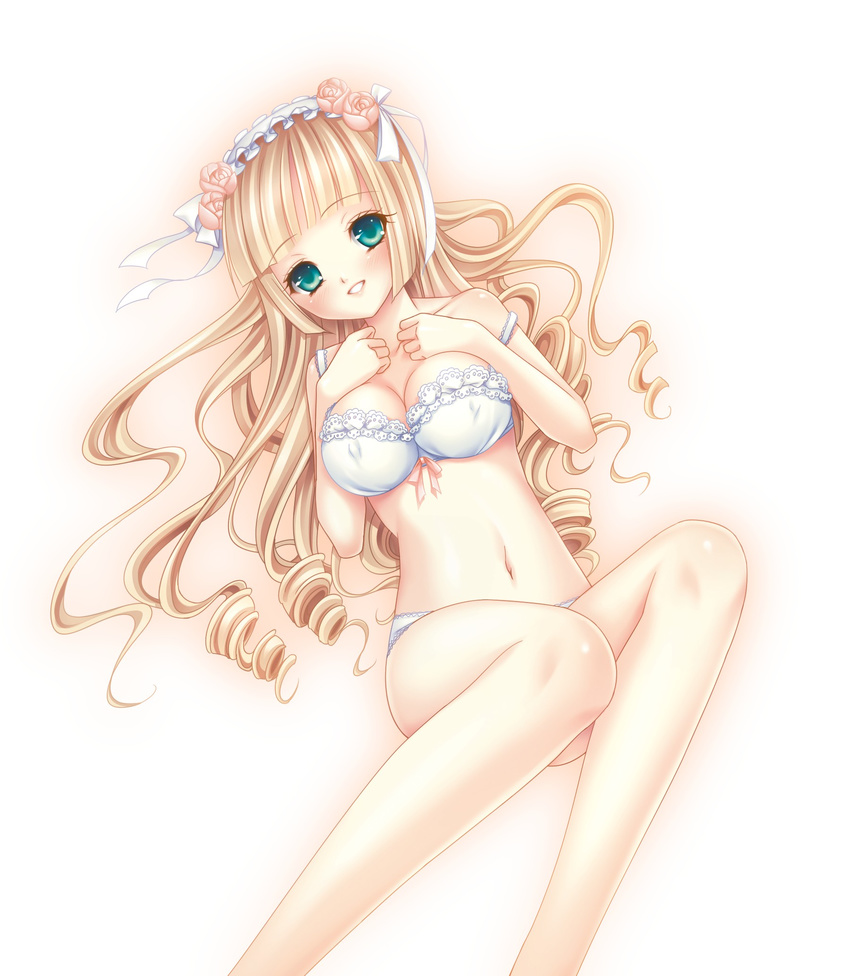 bad_id bad_pixiv_id blonde_hair blue_eyes breast_squeeze breasts cleavage covered_nipples drill_hair highres large_breasts lingerie long_hair midriff momoi_komomo navel original smile solo underwear