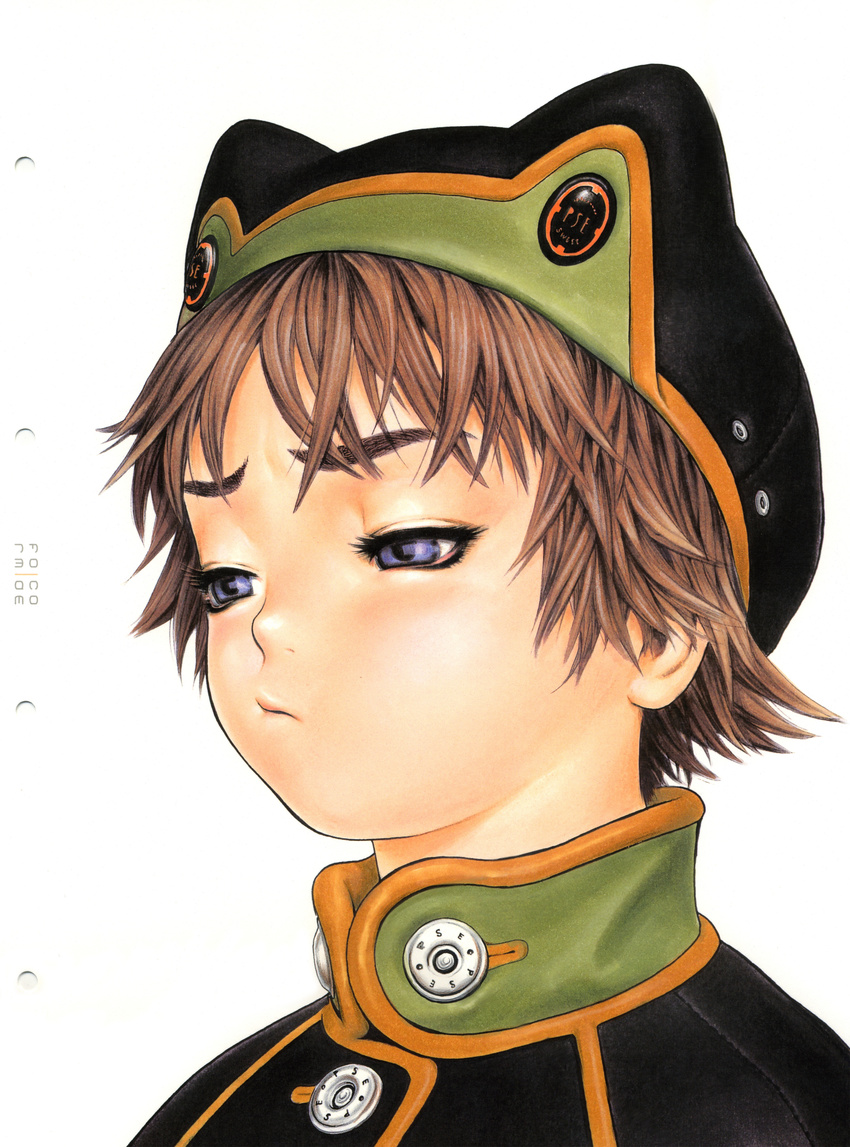 absurdres bangs black_hat blue_eyes blush brown_hair closed_mouth eyelashes flipped_hair half-closed_eyes hat hat_with_ears highres looking_away murata_renji portrait pout scan short_hair simple_background solo turtleneck