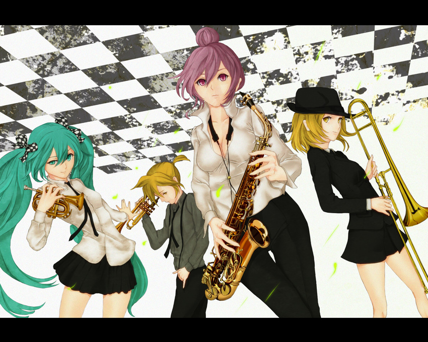 3girls aqua_eyes aqua_hair ar blonde_hair breasts cleavage hair_ribbon hat hatsune_miku instrument jazz kagamine_len kagamine_rin medium_breasts megurine_luka multiple_girls pink_eyes pink_hair ribbon saxophone short_hair skirt small_breasts smile trombone trumpet twintails vocaloid yellow_eyes