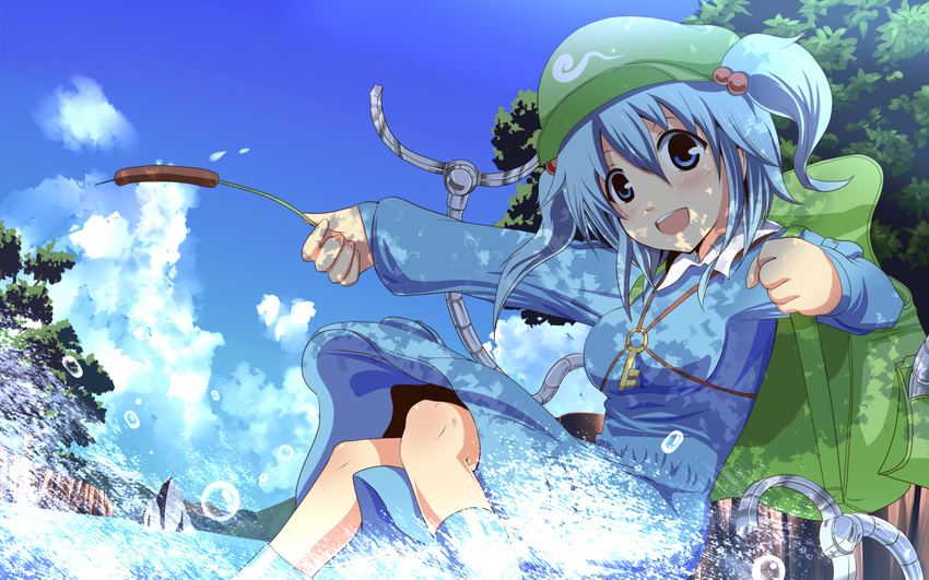 backpack bag blue_eyes blue_hair cloud day hair_bobbles hair_ornament hat irie_keisuke_(handn) kawashiro_nitori key open_mouth short_hair sky solo splashing touhou twintails two_side_up wallpaper water widescreen