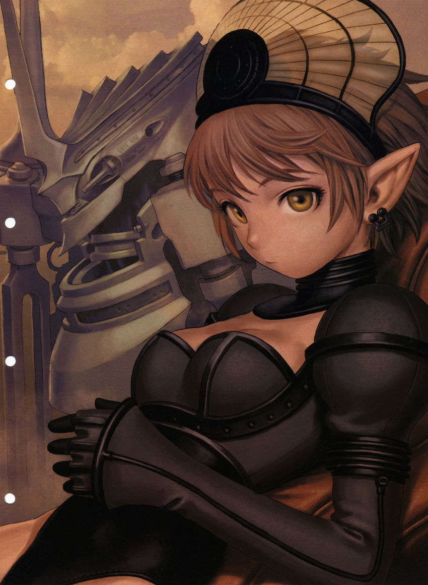 absurdres bangs black_gloves black_leotard breasts brown brown_hair closed_mouth cloud crop_top earrings eyelashes form_code gloves headgear highres jewelry leotard long_sleeves medium_breasts murata_renji pointy_ears puffy_short_sleeves puffy_sleeves scan see-through short_hair short_over_long_sleeves short_sleeves sky sleeves_past_wrists small_breasts solo upper_body yellow_eyes