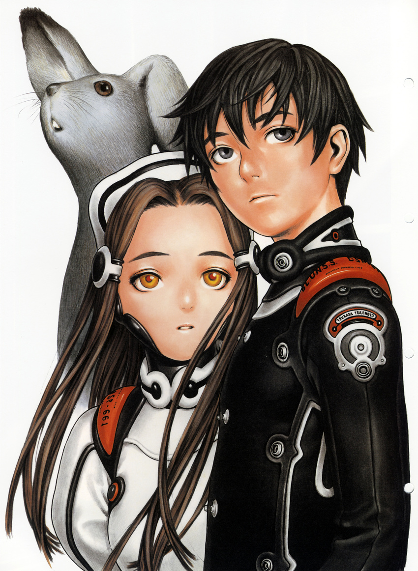 1girl absurdres black_hair brown_hair bunny form_code highres murata_renji orange_eyes scan short_hair