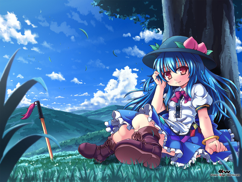 adjusting_hair against_tree boots bracelet cloud day etogami_kazuya grass hat highres hill hinanawi_tenshi jewelry landscape long_hair looking_at_viewer meadow nature scenery sitting sky smile solo sword sword_of_hisou touhou tree wallpaper weapon wind