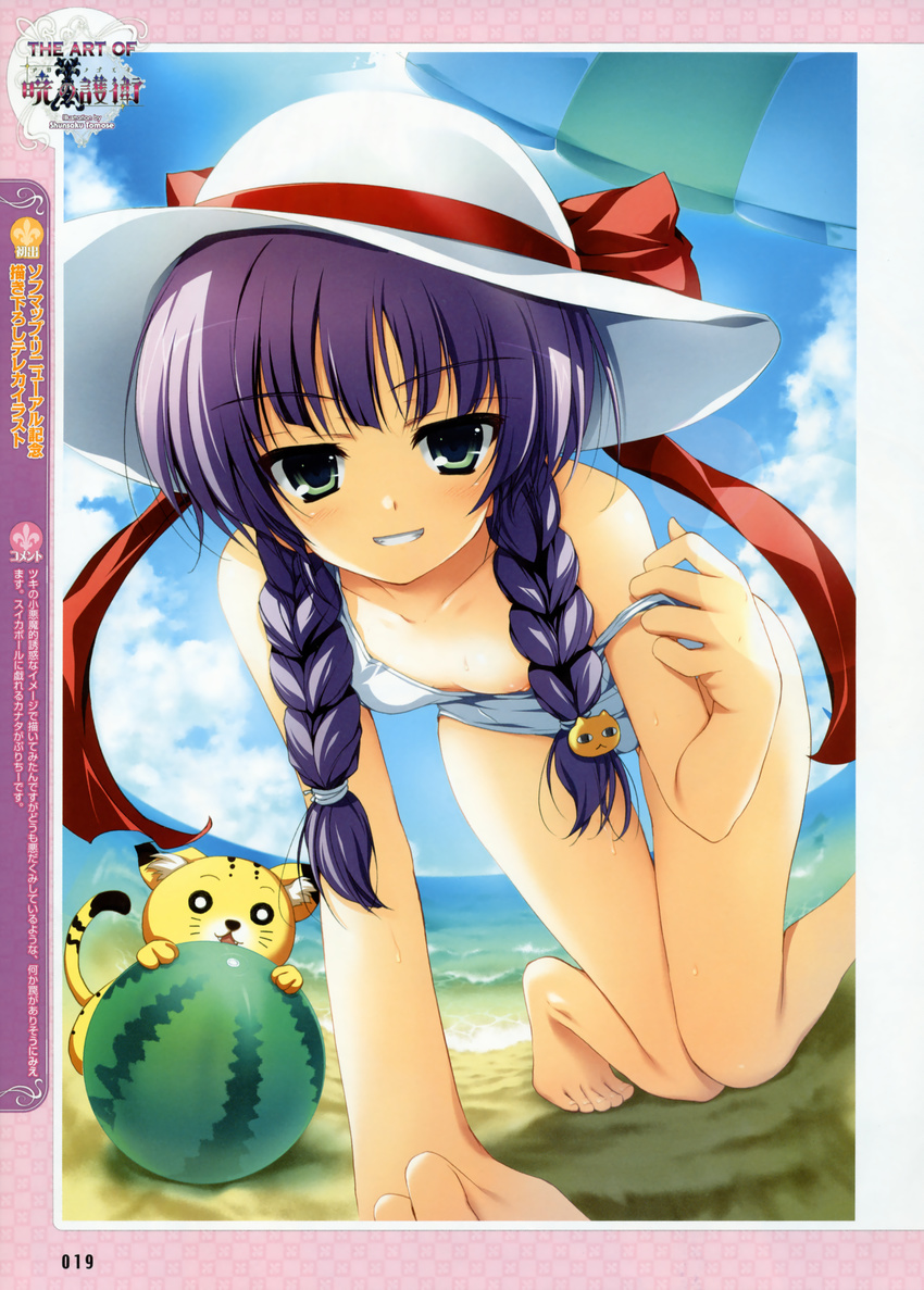 absurdres akatsuki_no_goei barefoot beach braid breasts cat_hair_ornament day food fruit green_eyes grin hair_ornament hat highres huge_filesize nipple_slip nipples one-piece_swimsuit purple_hair ribbon school_swimsuit small_breasts small_nipples smile strap_slip sun_hat swimsuit tomose_shunsaku tsuki_(akatsuki_no_goei) twin_braids watermelon white_school_swimsuit white_swimsuit