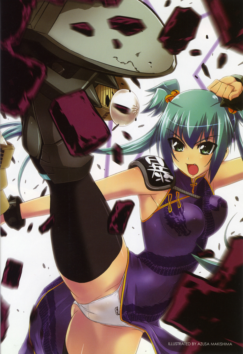 absurdres black_legwear bracelet breasts broken bun_cover cameltoe china_dress chinese_clothes cui_yifei dress green_eyes green_hair hair_bobbles hair_ornament highres impossible_clothes impossible_shirt jewelry kicking makishima_azusa medium_breasts muvluv shirt solo spiked_bracelet spikes thighhighs