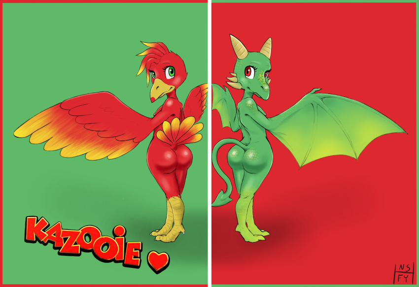 &lt;3 absurd_res anthro avian banjo-kazooie bird butt dragon dragon_kazooie female from_the_back green_eyes hi_res horn kazooie membranous_wings nipples nsfy_(artist) rareware red_eyes solo video_games wings