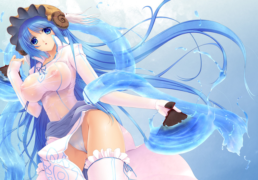 areolae blue_hair breasts cameltoe fan frilled_legwear hat horns impossible_clothes impossible_shirt large_breasts long_hair luminous_arc luminous_arc_2 lunaluna_(luminous_arc) nakano_sora nautilus_(animal) nipples panties sash see-through shirt solo thighhighs underwear very_long_hair white_legwear