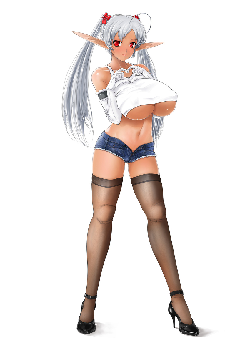 bad_id bad_pixiv_id breasts cutoffs denim denim_shorts elbow_gloves elf ganguro gloves high_heels highres huge_breasts legs long_pointy_ears original pointy_ears red_eyes shiba_(pixiv244) shoes short_shorts shorts solo tank_top thighhighs twintails underboob white_background wide_hips
