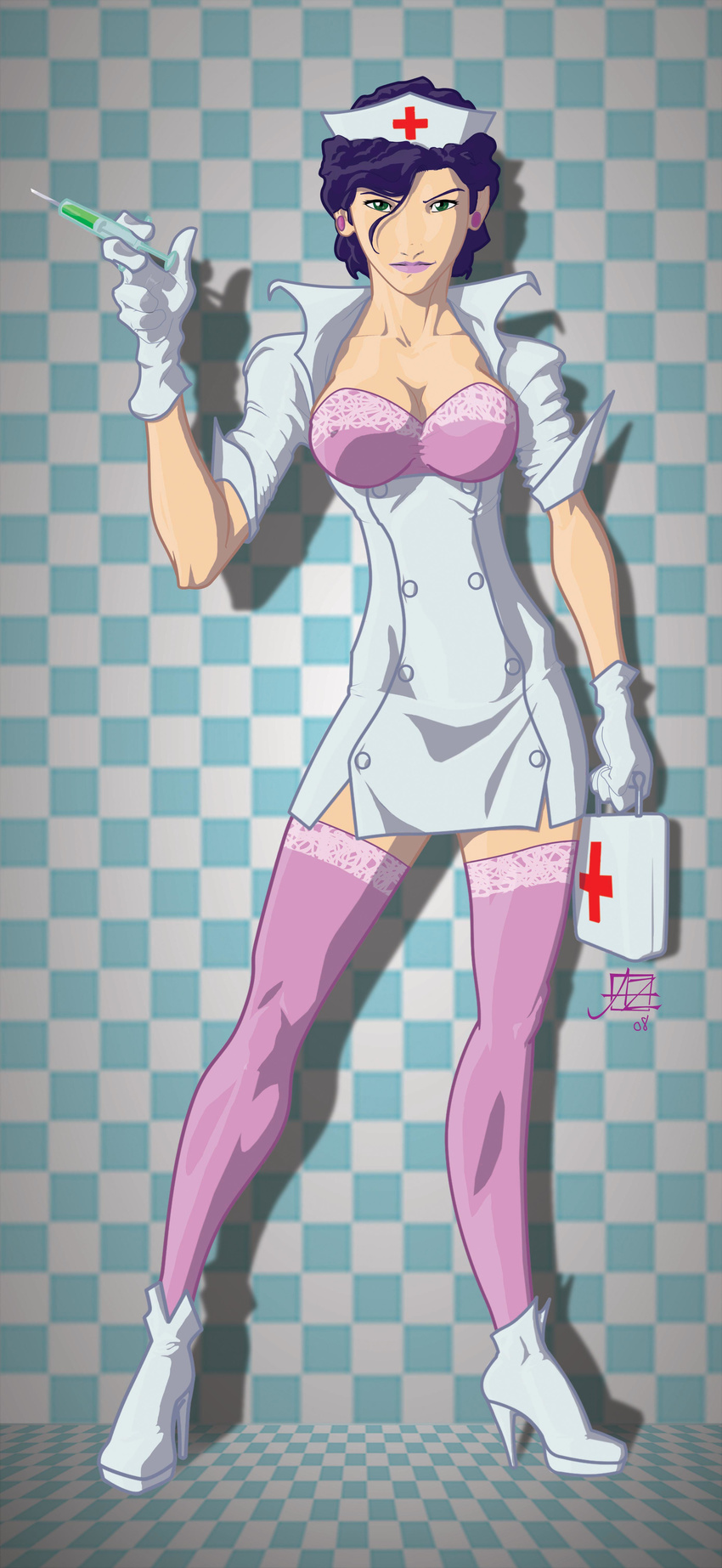 absurdres breasts daaz gloves green_eyes highres large_breasts legs lingerie nurse panties purple_hair solo syringe thighhighs underwear