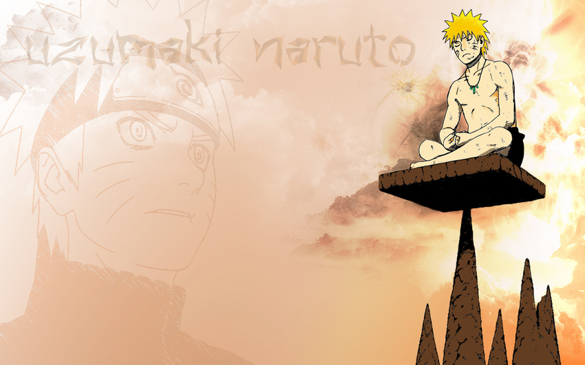 artist_request balancing blonde_hair character_name closed_eyes closed_mouth colorized frown indian_style jewelry kishimoto_masashi meditation naruto naruto_(series) naruto_shippuuden necklace serious shirtless sitting spiked_hair third-party_edit toned toned_male uzumaki_naruto wallpaper