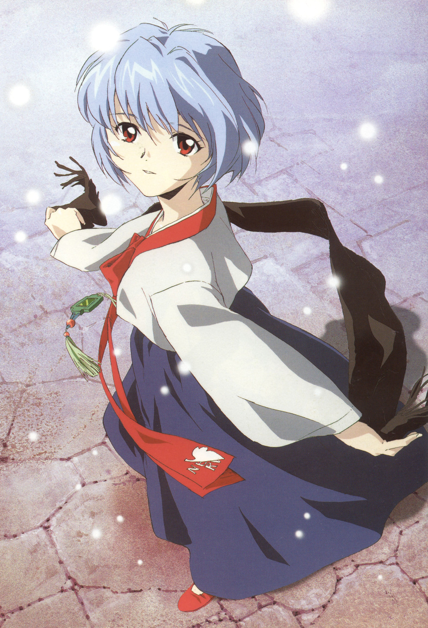 absurdres alternate_costume ayanami_rei bangs black_scarf blue_hair brown_eyes casual duplicate from_side full_body hair_between_eyes hanbok highres holding korean_clothes long_sleeves looking_at_viewer looking_to_the_side looking_up neon_genesis_evangelion nerv outdoors outstretched_arms parted_lips pavement print_ribbon red_eyes red_footwear ribbon scarf scarf_removed shadow short_hair smile snowing solo standing takamura_kazuhiro tassel traditional_clothes