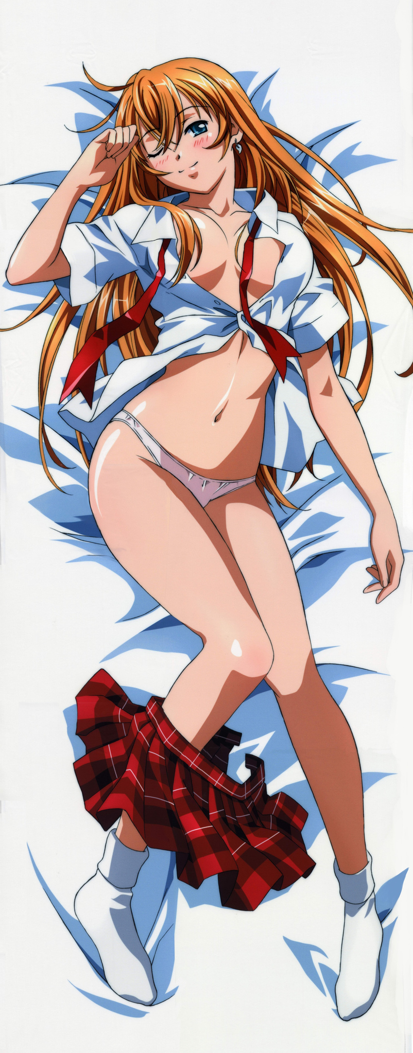 ;) absurdres ahoge antenna_hair bangs bed_sheet blue_eyes blush bobby_socks breasts breasts_apart buttons dakimakura earrings from_above full_body hair_between_eyes head_tilt highres ikkitousen ikkitousen_great_guardians indoors jewelry knees_together_feet_apart large_breasts legs light_smile long_hair long_image long_legs looking_at_viewer lying magatama miniskirt navel necktie no_bra official_art on_back on_bed one_eye_closed open_clothes open_shirt open_skirt orange_hair panties plaid plaid_skirt pleated_skirt red_skirt rin-sin scan school_uniform shirt short_sleeves single_earring skirt skirt_around_one_leg slender_waist smile socks solo sonsaku_hakufu tall_image unbuttoned underwear untied very_long_hair white_panties white_shirt wing_collar