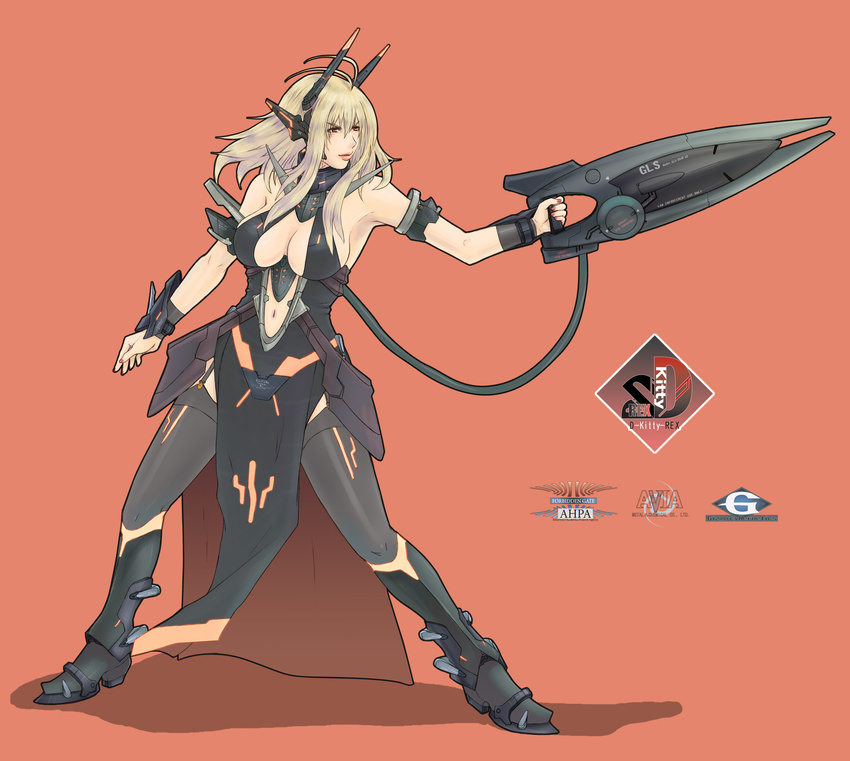 alva armband armor blonde_hair bodysuit breasts cleavage gun highres large_breasts logo long_hair original red_eyes solo thighhighs weapon