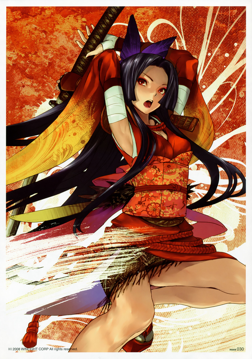 absurdres black_hair copyright_request highres japanese_clothes katana red_eyes redjuice solo sword weapon