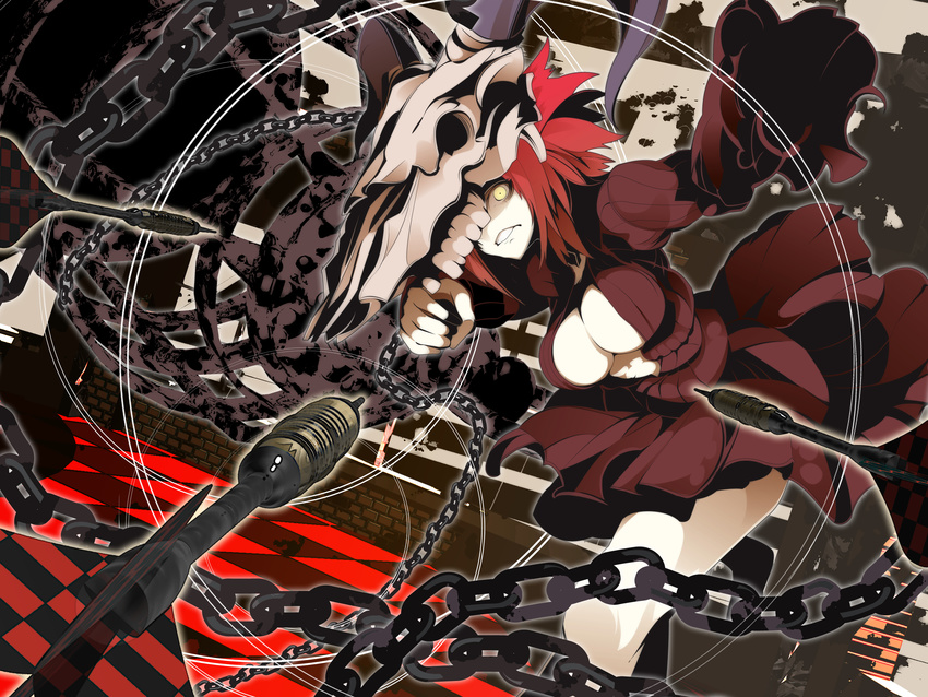 breasts chain cleavage copyright_request darts highres huge_breasts kama_(weapon) kusarigama open_clothes red_hair sickle skirt solo uki_(room_405) weapon yellow_eyes