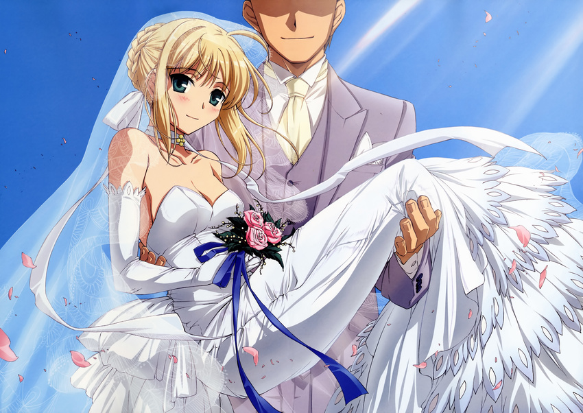 1girl absurdres ahoge artoria_pendragon_(all) bare_shoulders blonde_hair blush breasts bride carrying cleavage dress elbow_gloves faceless faceless_male fate/stay_night fate_(series) flower gloves green_eyes highres ishii_kumi medium_breasts princess_carry saber solo_focus wedding_dress