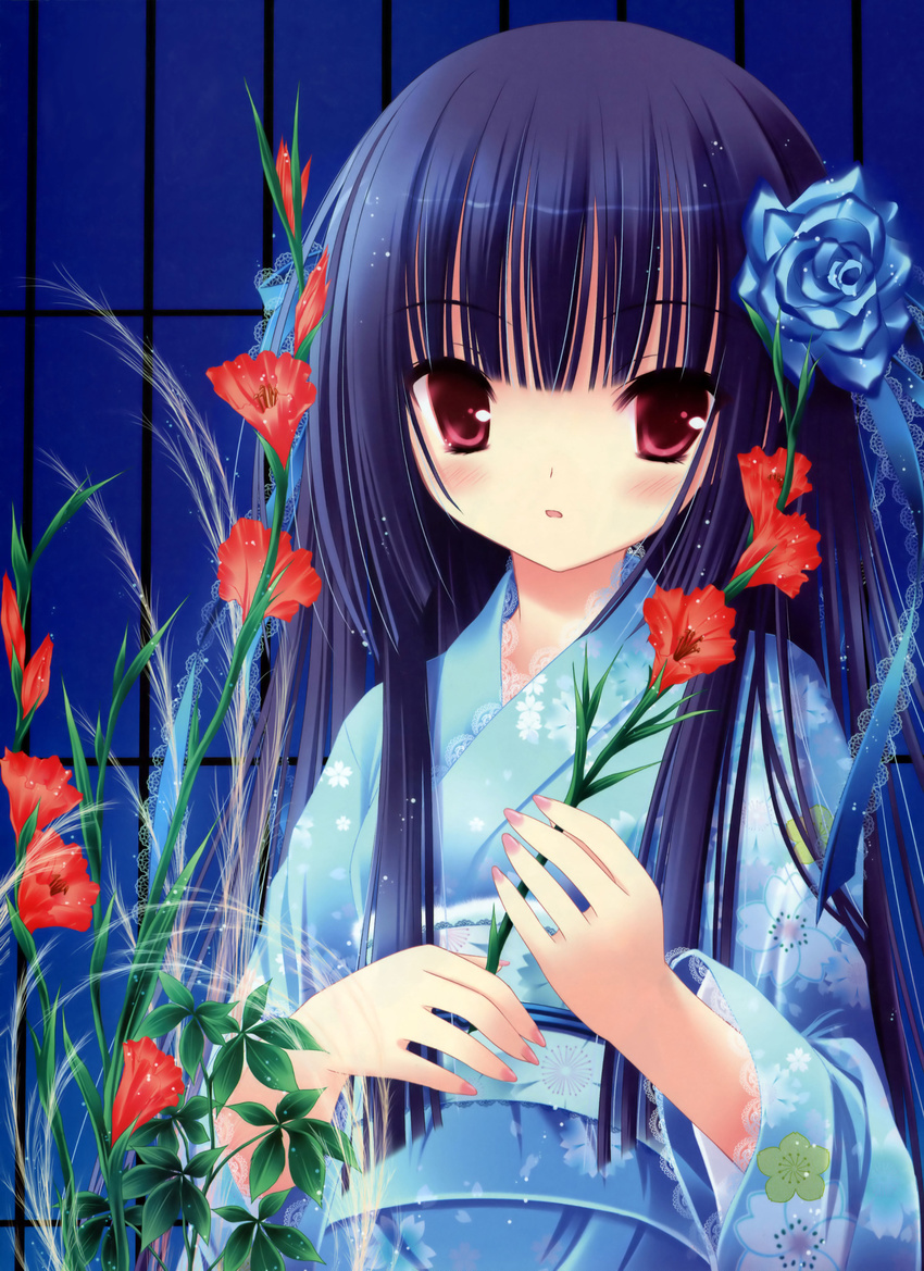 absurdres bangs black_hair blue_kimono blue_ribbon blunt_bangs blush breasts copyright_request floral_print flower grass hair_flower hair_ornament highres holding holding_flower japanese_clothes kimono lace lace-trimmed_kimono lace-trimmed_ribbon long_hair long_sleeves looking_at_viewer nail_polish obi parted_lips pink_nails print_kimono red_eyes ribbon sash small_breasts solo tinker_bell upper_body wide_sleeves yukata