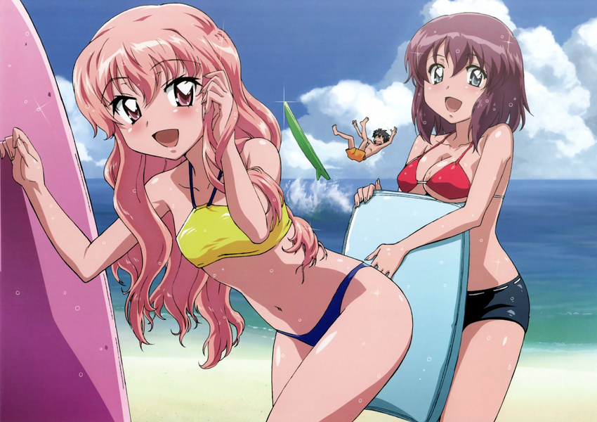 2girls :d :o adjusting_hair arm_support arms_up barefoot beach bikini bikini_shorts black_eyes black_hair blue_bikini blue_eyes blush breast_rest breasts cleavage clenched_hands cloud collarbone constricted_pupils cowboy_shot day detexted eyebrows_visible_through_hair falling flat_chest flying_sweatdrops from_side fujii_masahiro hair_between_eyes halterneck hand_in_hair hands_up happy henrietta_de_tristain highres hiraga_saito holding kickboard leaning_forward legs_up long_hair looking_at_viewer louise_francoise_le_blanc_de_la_valliere male_swimwear medium_breasts midair mismatched_bikini multiple_girls navel ocean official_art open_mouth outdoors pink_eyes pink_hair purple_hair red_bikini ribbon_trim scan shadow shiny shiny_hair shiny_skin shirtless short_hair shorts sidelocks sky smile sparkle spiked_hair splashing standing surfboard swim_trunks swimsuit swimwear third-party_edit underboob very_long_hair water wavy_hair wet wet_hair wide-eyed yellow_bikini zero_no_tsukaima