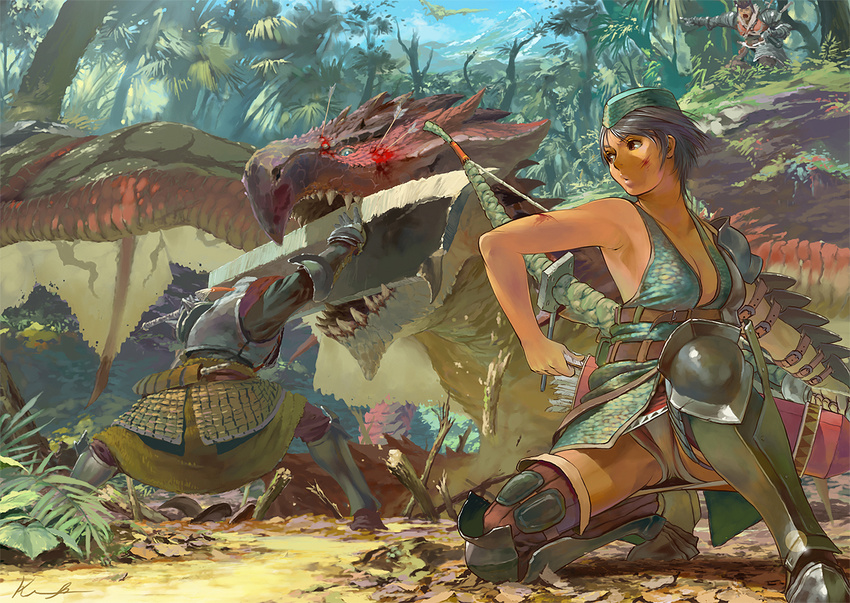 2boys armor arrow battle biting black_hair bleeding blocking blood boots bow_(weapon) breasts brown_eyes cleavage dragon forest huge_weapon injury kneeling large_breasts monster monster_hunter multiple_boys nature panties pitfall pointing rathalos rathian reise short_hair underwear upskirt vambraces weapon wyvern