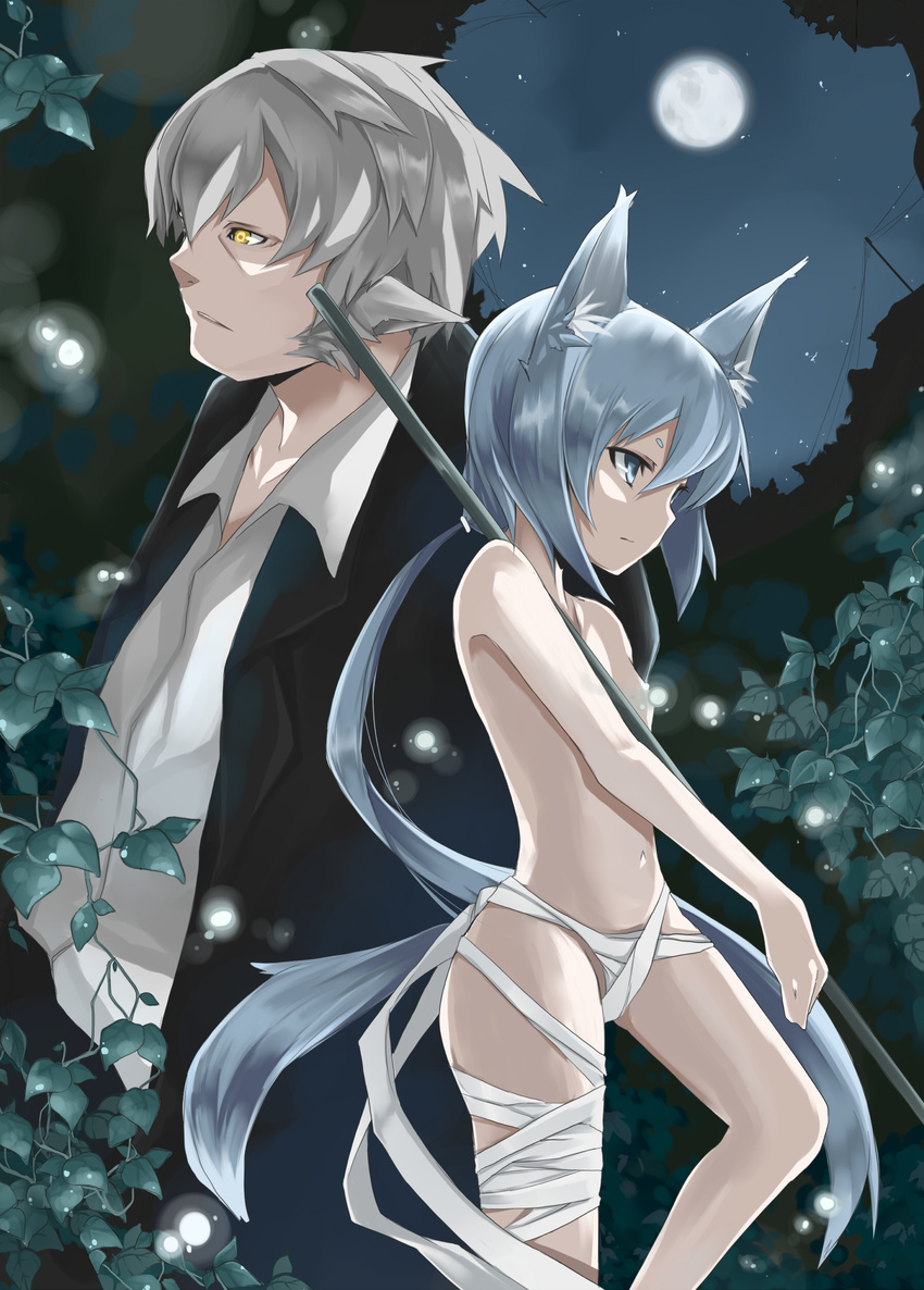 1girl absurdres animal_ears bad_id bad_pixiv_id full_moon highres moon original ponytail sasaki_kouhei staff tail topless