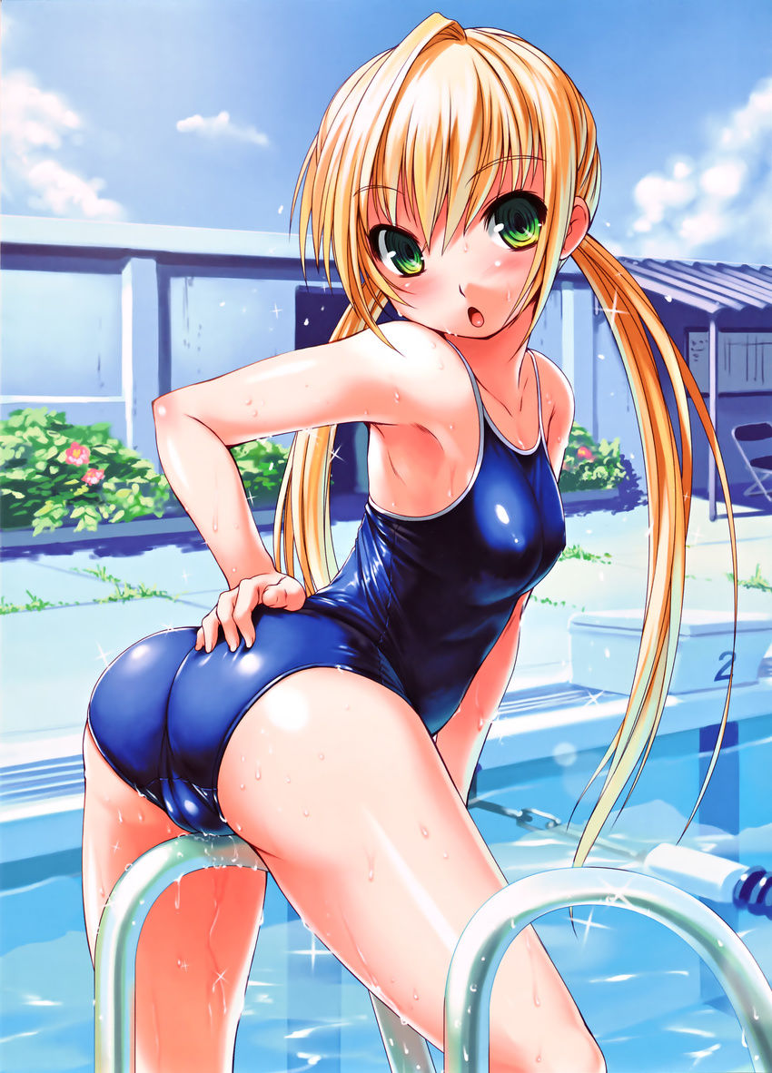 :o absurdres arched_back armpits ass blonde_hair bosshi cameltoe competition_school_swimsuit crotch_rub flat_chest green_eyes hand_on_ass highres lane_line one-piece_swimsuit open_mouth original petite pool pool_ladder school_swimsuit solo swimsuit twintails twisted_torso wet