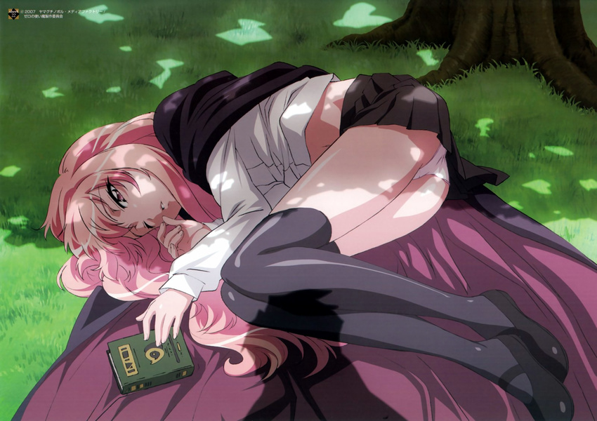 2007 black_legwear dappled_sunlight fujii_masahiro highres long_hair long_legs louise_francoise_le_blanc_de_la_valliere lying official_art panties pantyshot pantyshot_(lying) pink_eyes pink_hair pink_panties pinup scan sunlight thighhighs underwear zero_no_tsukaima