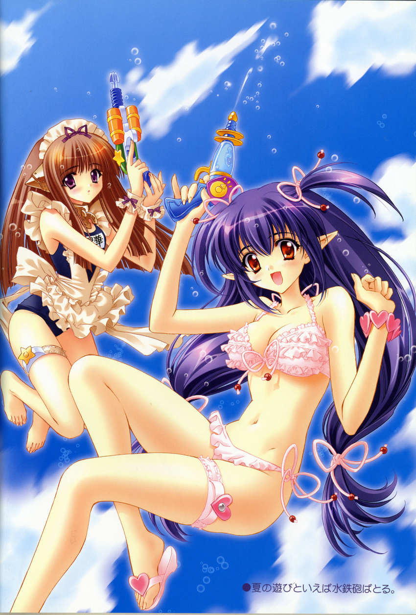 :d :o absurdres apron bangs barefoot bikini bikini_under_clothes blue_hair blurry blush bracelet breasts brown_hair bubble carnelian cleavage cloud collar day embarrassed fairy_factory falling feet flying frilled_bikini frills front-tie_top hair_ornament hair_ribbon heart highres holding jewelry large_breasts leg_garter legs long_hair looking_at_viewer maid maid_headdress medium_breasts motion_blur multiple_girls name_tag navel one-piece_swimsuit open_mouth outdoors pinky_out pointy_ears purple_eyes quad_tails red_eyes ribbon sandals scan school_swimsuit seika_(fairy_factory) shiny shiny_hair shoe_dangle short_twintails side-tie_bikini sidelocks sky smile star swimsuit swimsuit_under_clothes touka_(fairy_factory) translation_request twintails very_long_hair water water_gun wrist_cuffs