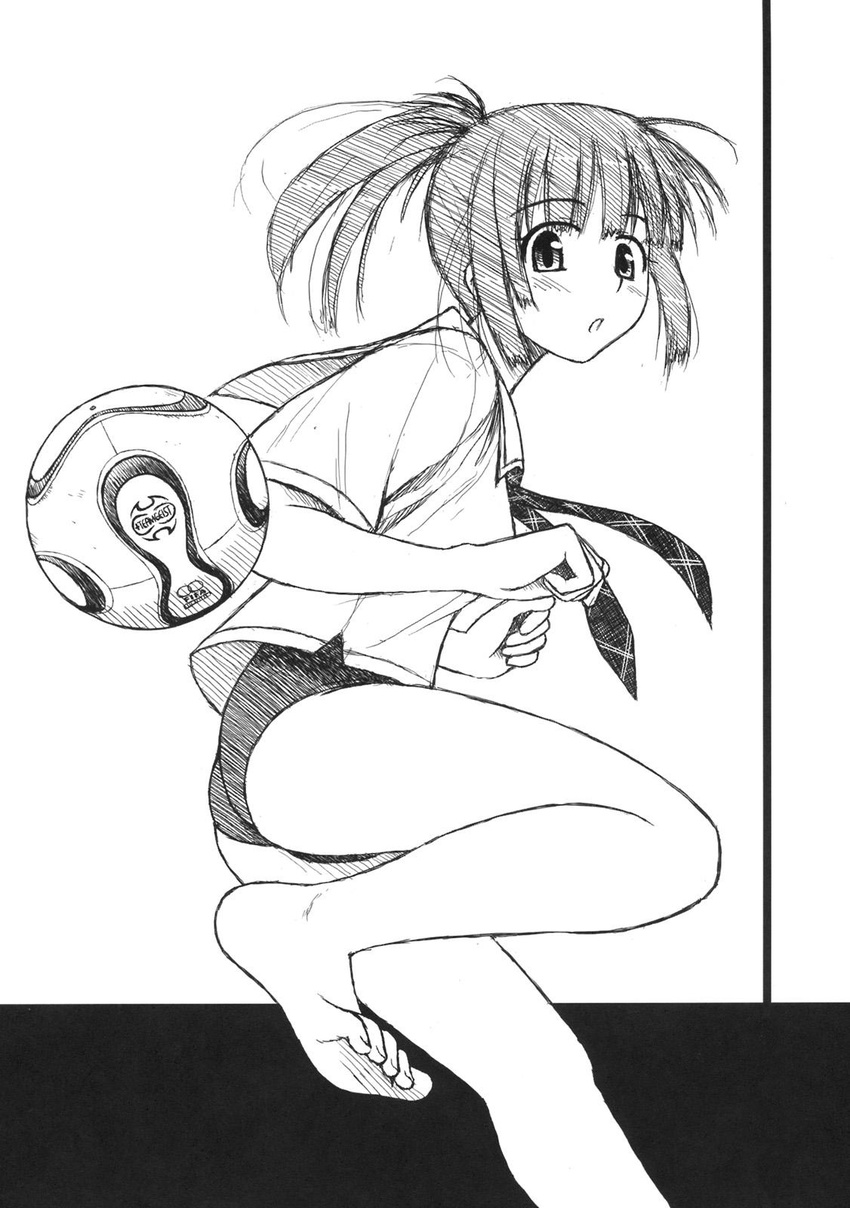 2006_fifa_world_cup artist_request ball barefoot feet greyscale highres kibina_high_school_uniform kimi_kiss monochrome sakino_asuka school_uniform serafuku sketch soccer_ball solo swimsuit swimsuit_under_clothes teamgeist world_cup