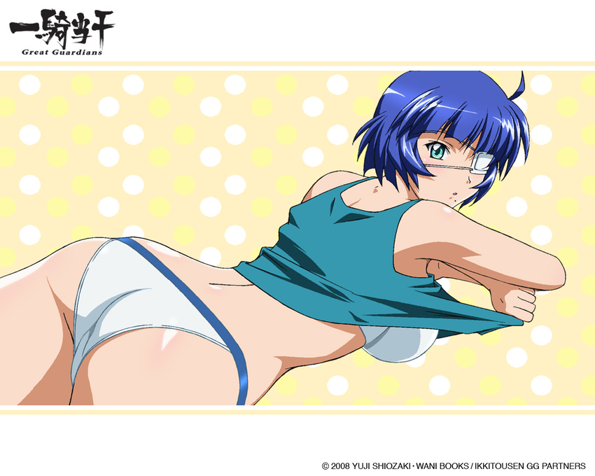 aqua_eyes ass blue_hair eyepatch ikkitousen ikkitousen_great_guardians non-web_source panties ryomou_shimei shirt_lift short_hair solo sports_bra underwear undressing wallpaper