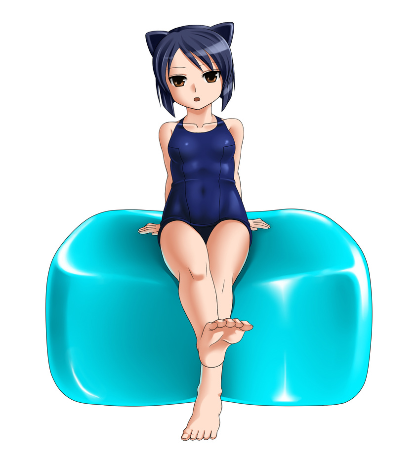 animal_ears arcana_heart bad_id bad_pixiv_id barefoot black_hair brown_eyes cat_ears daidouji_kira feet highres one-piece_swimsuit orochi_itto school_swimsuit solo swimsuit