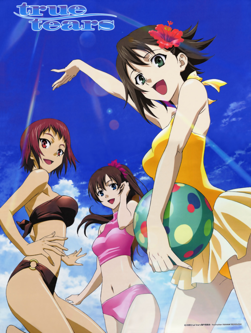 :d absurdres andou_aiko ball bandeau bikini black_bikini blue_eyes brown_hair casual_one-piece_swimsuit day flower frilled_swimsuit frills green_eyes hair_flower hair_ornament hibiscus highres isurugi_noe multiple_girls navel o-ring o-ring_bottom official_art one-piece_swimsuit open_mouth pink_bikini red_eyes red_hair sekiguchi_kanami smile swimsuit true_tears yellow_swimsuit yuasa_hiromi