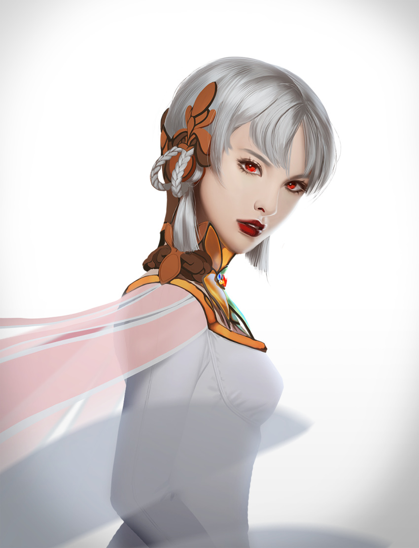 1girl baten_kaitos braid dress hair_rings highres lipstick long_sleeves looking_at_viewer makeup mariajang melodia_(baten_kaitos) red_lipstick silver_hair solo standing upper_body white_background white_dress