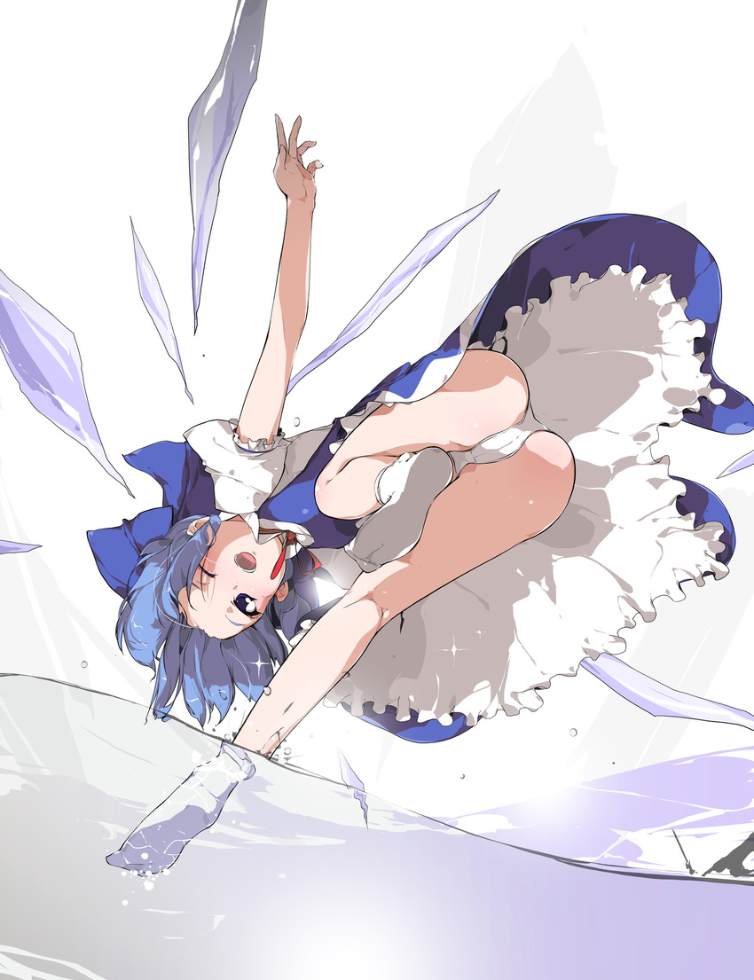 ass bad_id bad_pixiv_id blue_eyes blue_hair cirno feet hair_ribbon highres one_eye_closed panties pantyshot ribbon sakura_sora socks solo touhou underwear water wings