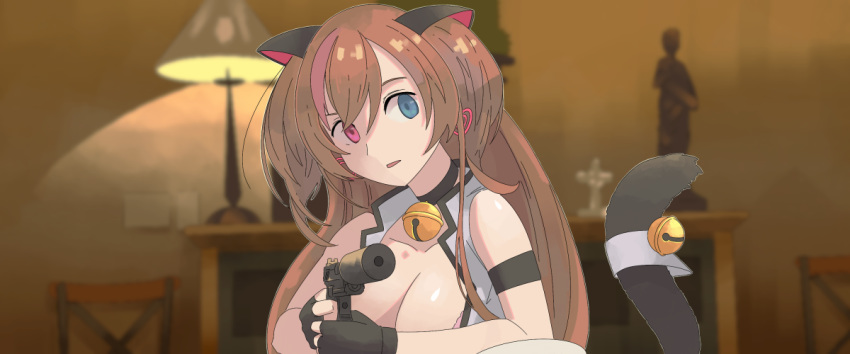 1girl animal_ears bangs bell black_gloves blue_eyes breasts brown_hair cat_ears cat_tail cleavage collarbone desk_lamp earrings fingerless_gloves girls_frontline gloves gun h&amp;k_mark_23 handgun heart heart_earrings heckler_&amp;_koch heterochromia holding holding_gun holding_weapon indoors jewelry jingle_bell lamp long_hair looking_at_viewer medium_breasts mk_23_(girls_frontline) multicolored_hair neck_bell parody pistol red_eyes sicario solo streaked_hair suppressor tab_(tabkun) tail tail_bell weapon