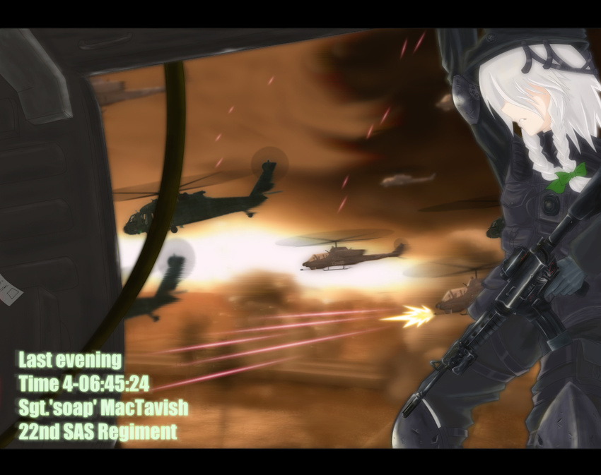 ah-1_cobra aircraft alternate_costume artist_request assault_rifle call_of_duty call_of_duty_4 cloud crossover error gun helicopter helmet izayoi_sakuya john_mactavish m4_carbine military military_operator military_uniform parody rifle touhou uh-60_blackhawk uniform weapon white_hair