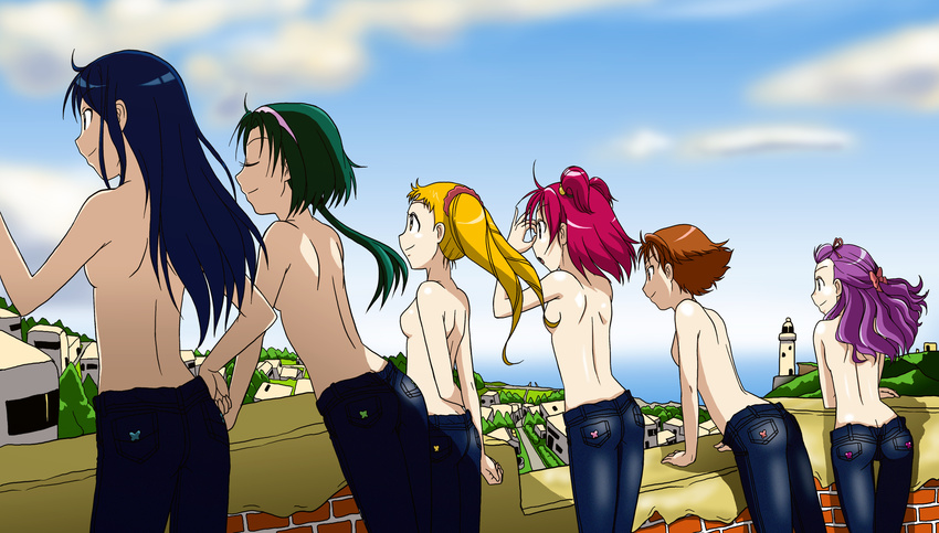 akimoto_komachi arms_behind_back back cloud day denim everyone highres jeans kakkii kasugano_urara_(yes!_precure_5) milk_(yes!_precure_5) mimino_kurumi minazuki_karen multiple_girls natsuki_rin outdoors pants precure sky topless yes!_precure_5 yes!_precure_5_gogo! yumehara_nozomi zenra