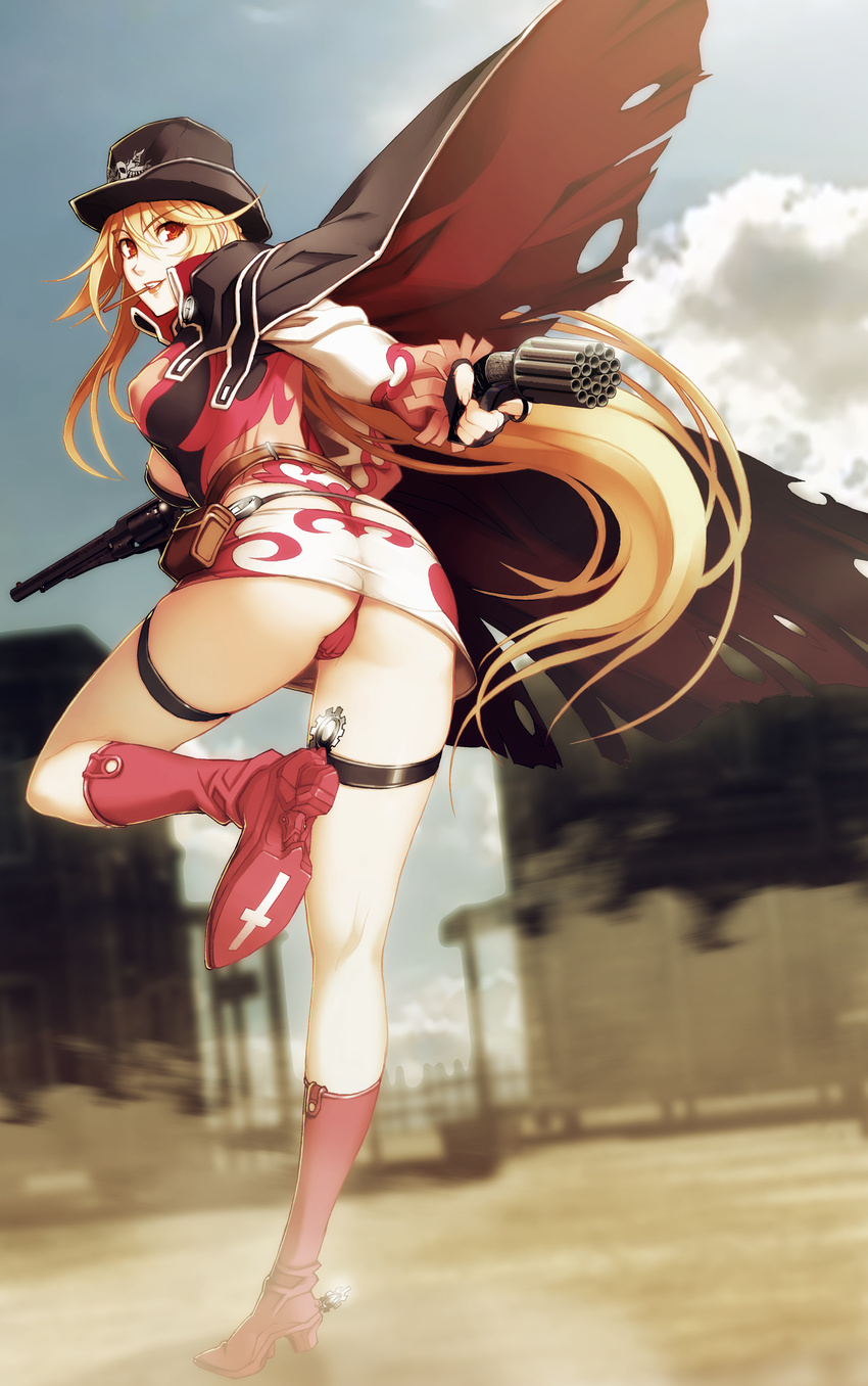 absurdres ass blonde_hair boots cameltoe cape cowboy_hat donne_anonime fingerless_gloves full_body gloves gun handgun hat high_heels highres kneepits legs leotard long_hair long_legs looking_back miniskirt nishii_(nitroplus) panties pepper_box_revolver pistol red_eyes red_panties remington_new_model revolver shoes skirt solo spurs standing thigh_strap thighs thong_leotard torn_clothes underwear weapon western zoku_satsuriku_no_django