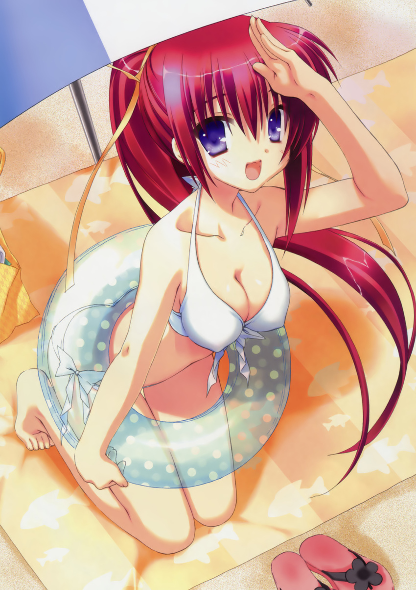 :d absurdres barefoot beach_towel beach_umbrella bikini breasts cleavage collarbone comic_party covered_nipples from_above front-tie_top highres innertube kneeling kobuichi long_hair looking_at_viewer open_mouth polka_dot_innertube ponytail purple_eyes red_hair salute side-tie_bikini smile solo swimsuit takase_mizuki towel transparent umbrella white_bikini