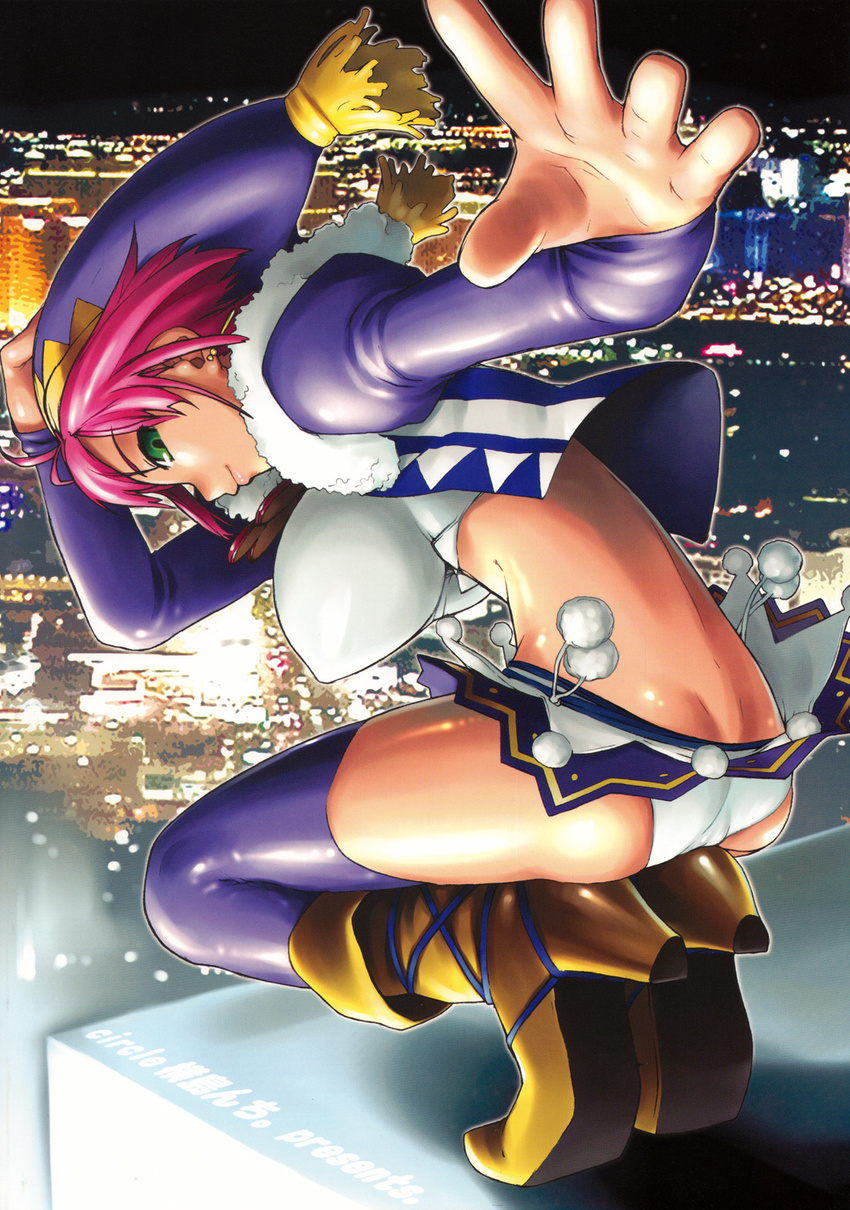 ash_yokoshima ass breasts city foreshortening green_eyes hand_on_headwear hands hat highres jester_cap large_breasts outstretched_hand pink_hair purple_legwear reaching rio_rollins scan short_hair smile solo squatting strapless super_blackjack thighhighs tubetop vest