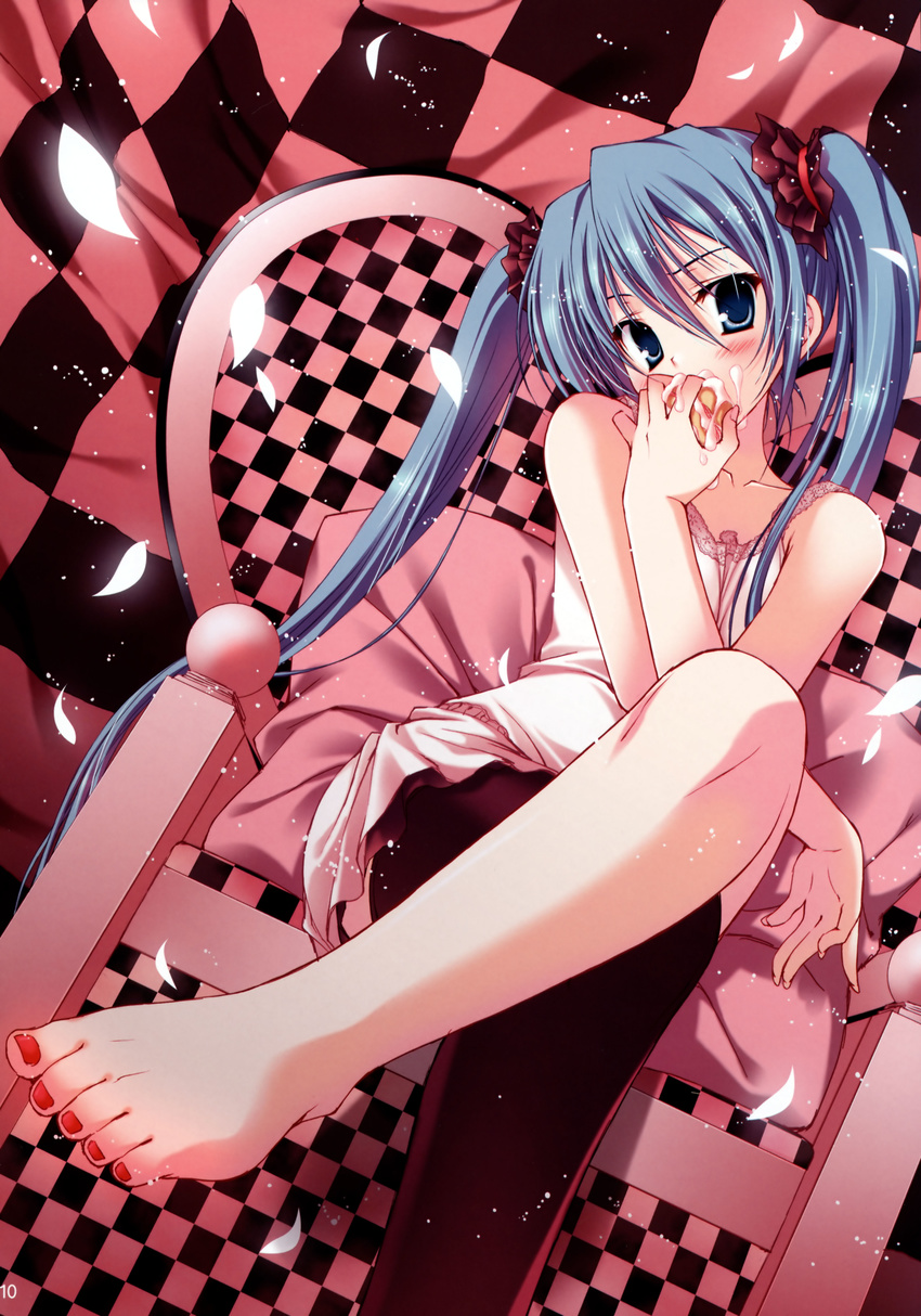 absurdres aqua_eyes armchair asymmetrical_clothes barefoot blue_hair chair checkered crossed_legs eating feet hatsune_miku highres long_hair nail_polish petals red_nails single_thighhigh sitting solo tanihara_natsuki thighhighs toenail_polish toes twintails vocaloid world_is_mine_(vocaloid)