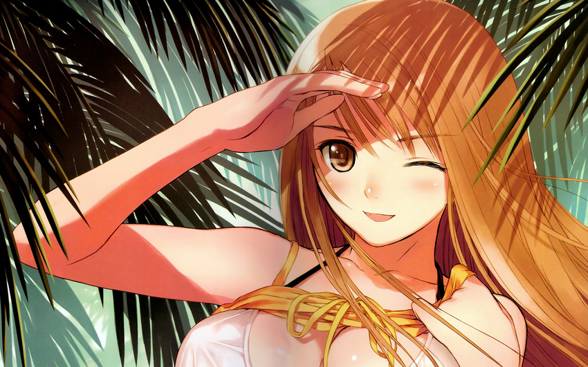 bikini bikini_under_clothes blush breasts brown_eyes brown_hair cleavage close-up day dress dress_lift highres large_breasts long_hair nature non-web_source one_eye_closed original outdoors palm_tree ribbon shading_eyes smile solo swimsuit swimsuit_under_clothes tanaka_takayuki tree underboob wallpaper white_bikini widescreen wind