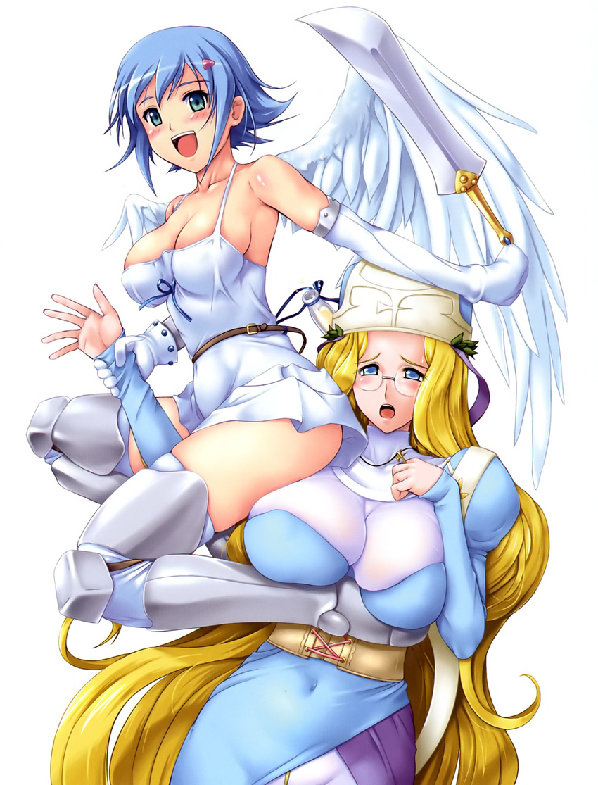 angel angel_wings asymmetrical_wings bare_shoulders blonde_hair blue_eyes blue_hair blush bodysuit boots breast_press breasts corset elbow_gloves glasses gloves green_eyes hat high_heels highres huge_breasts long_hair melpha miniskirt multiple_girls nanael navel open_mouth queen's_blade shoes short_hair skirt sweat sword tank_top thighhighs very_long_hair weapon wings zundarepon