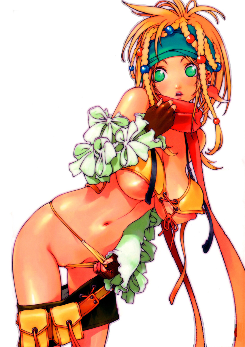 al_bhed_eyes bikini bikini_lift blonde_hair blue_headband braid breasts final_fantasy final_fantasy_x final_fantasy_x-2 fingerless_gloves front-tie_top gloves green_eyes hands headband highres kotobuki_tsukasa large_breasts leaning_forward lifted_by_self lips long_hair nagoya_shachihachi nipple_slip nipples nude pussy rikku scarf skirt skirt_pull solo swimsuit underboob wedgie