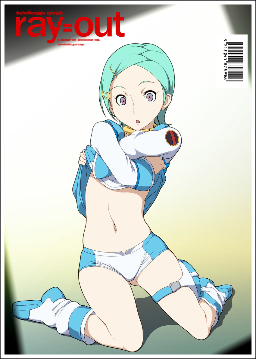 :o aqua_hair bad_id bad_pixiv_id boots collar cover eureka eureka_seven eureka_seven_(series) fake_cover fugetsu_taku hair_ornament hairclip highres kneeling magazine_cover midriff navel purple_eyes ray=out short_hair short_shorts shorts solo thigh_strap undressing white_footwear