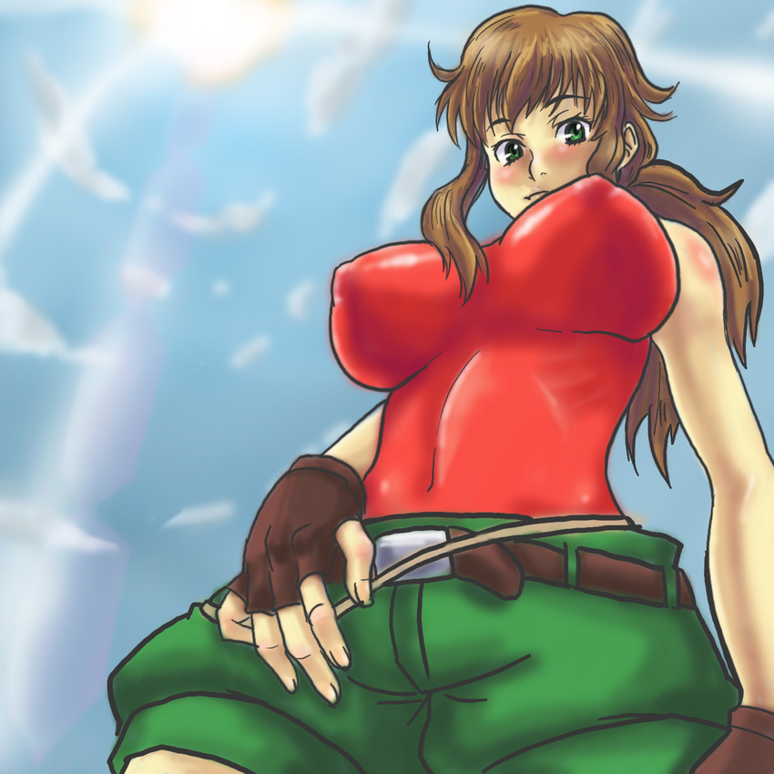 bad_id bad_pixiv_id bare_shoulders belt breasts brown_hair christina_sierra cloud day from_below gloves green_eyes gundam gundam_00 highres impossible_clothes impossible_shirt large_breasts long_hair looking_down ponytail shirt shorts sky solo toryuu
